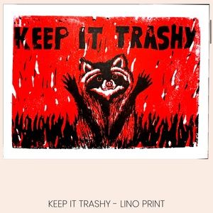 KEEP IT TRASHY Raccoon Lino Art Print for Wall Decor, Cute, funny, one of a kind